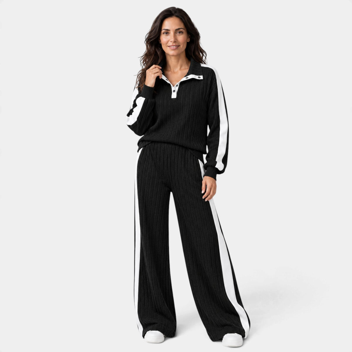Conjunto de Punto a Rayas con Ribete Contraste para Mujer