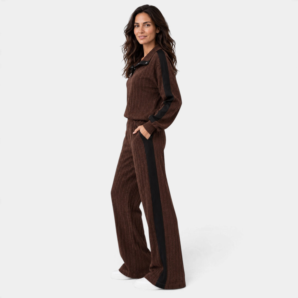 Conjunto de Punto a Rayas con Ribete Contraste para Mujer