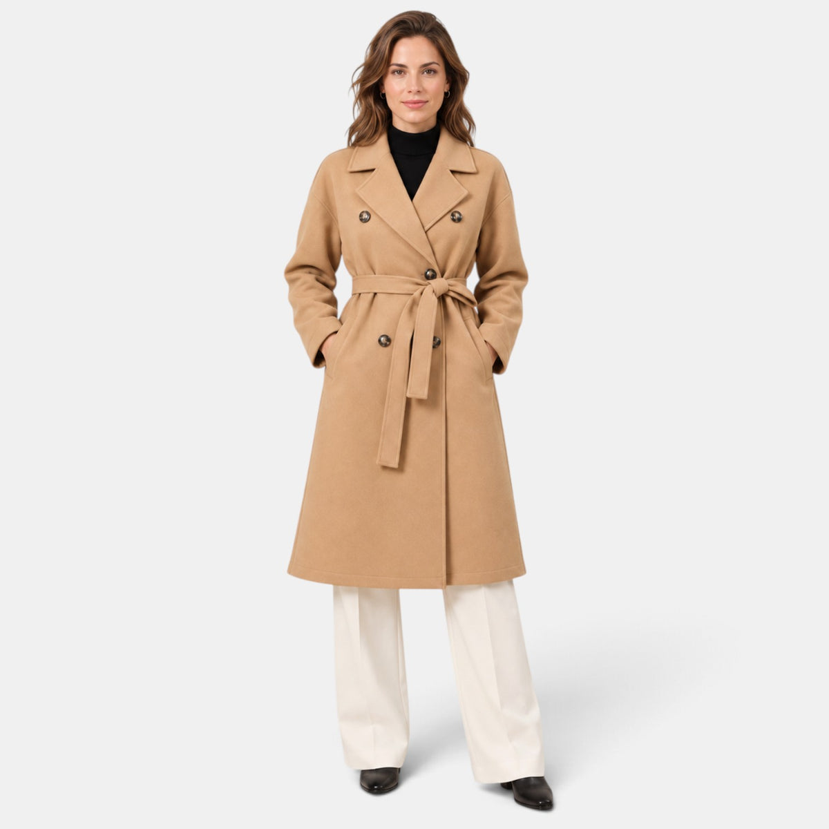 Women's Long Double-Breasted Belted Coat - Classic Overcoat
