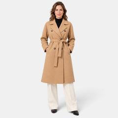 Women's Long Double-Breasted Belted Coat - Classic Overcoat