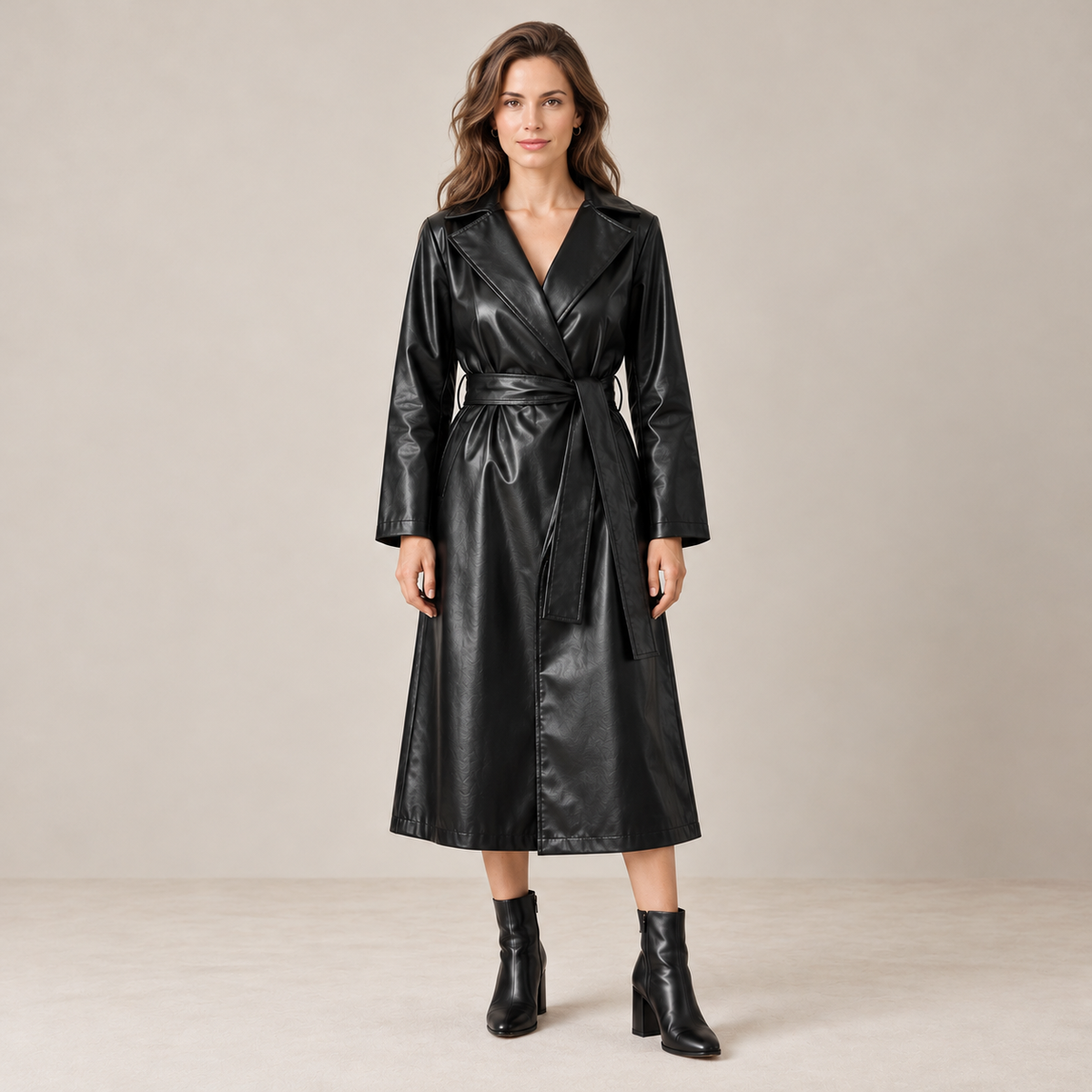 Women's Black Faux Leather Trench Coat - Belted, Long