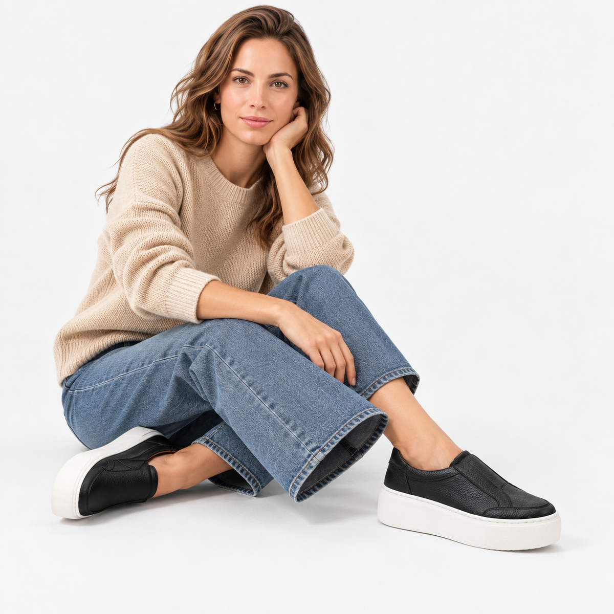 Women's Black Leather Platform Sneakers - Slip-On, No Laces