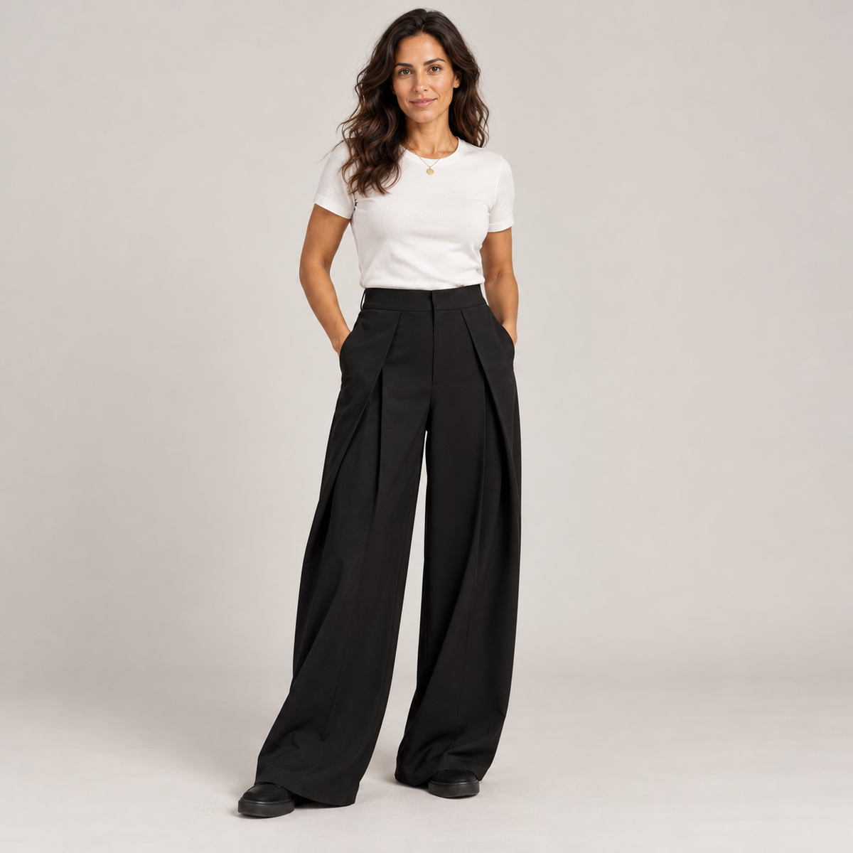 Women's High-Waisted Pleated Wide Leg Pants - Front Darts