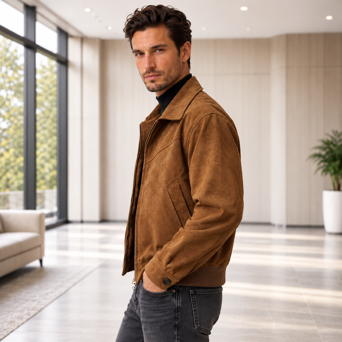 Chaqueta de Ante para Hombre con Cremallera y Cuello Clásico