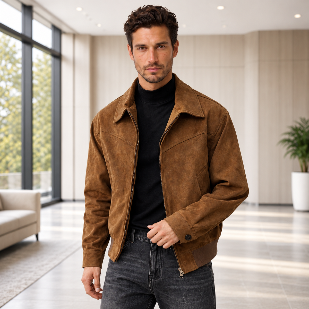 Chaqueta de Ante para Hombre con Cremallera y Cuello Clásico