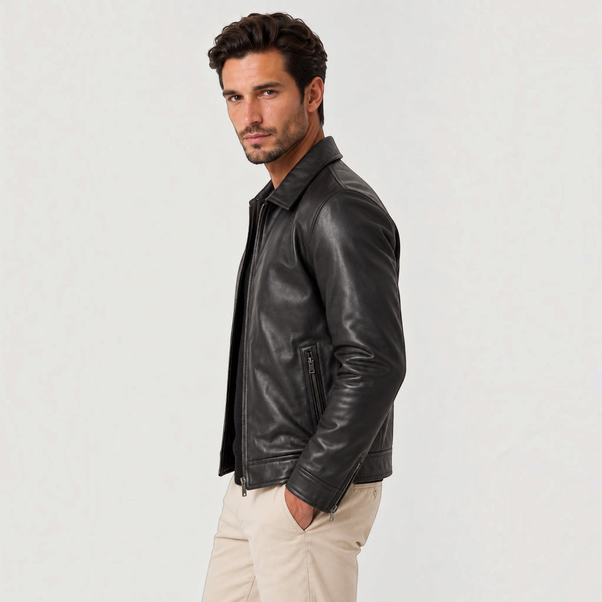 Chaqueta Hombre Efecto Piel Cremallera Corte Regular