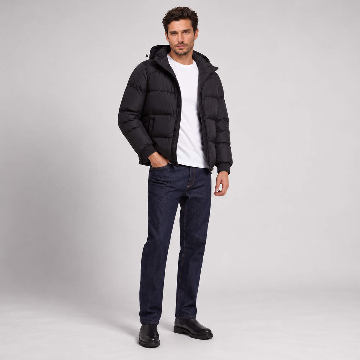 Chaqueta Acolchada con Capucha para Hombre, Cierre de Cremallera