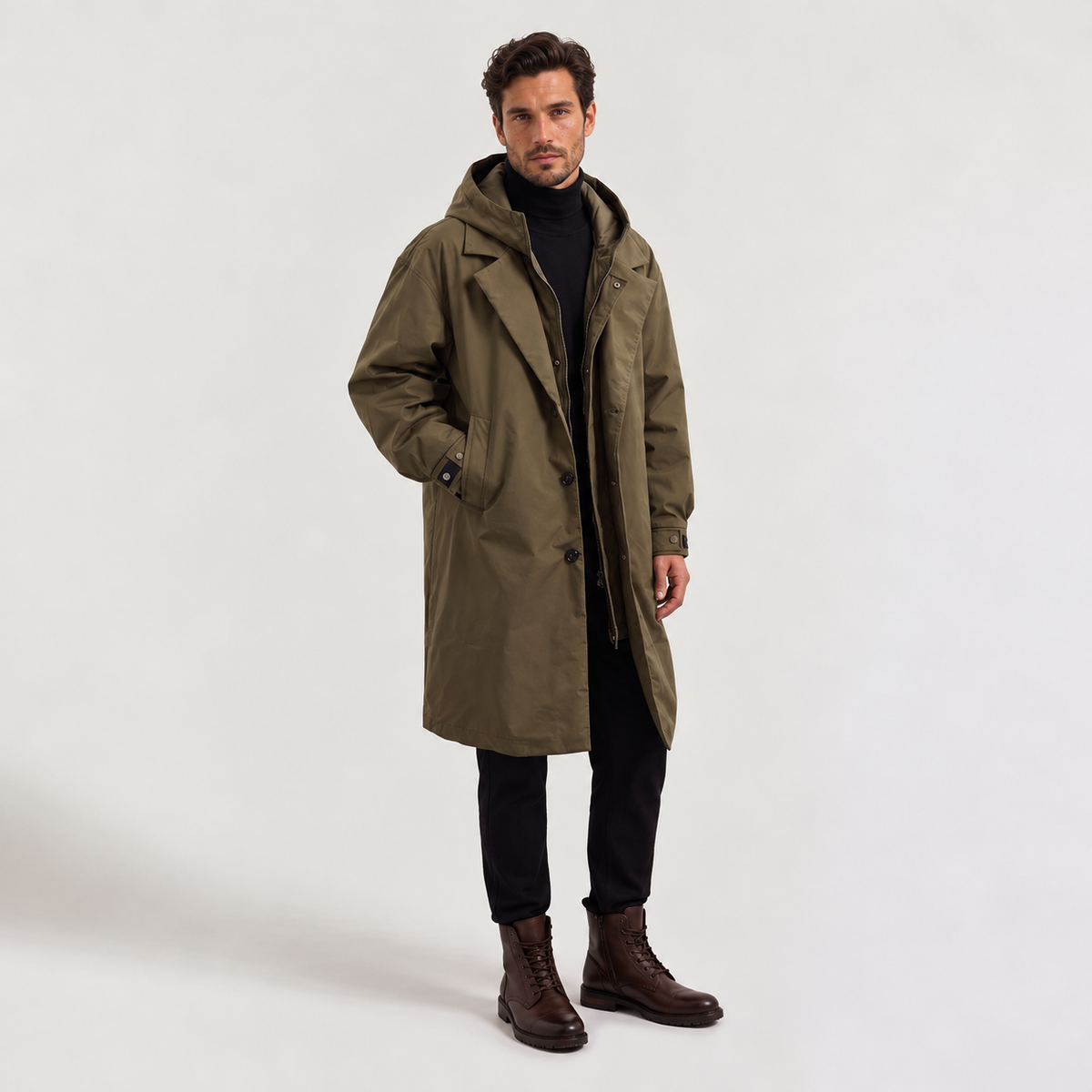 Men's Long Waterproof Hooded Parka - Full-Length Rain Coat