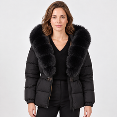 Women's Faux Leather Hooded Puffer Jacket - Quilted Winter Coat