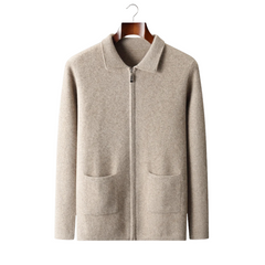 Men's Beige 100% Cashmere Zip Cardigan - Full Zip Knit Jacket