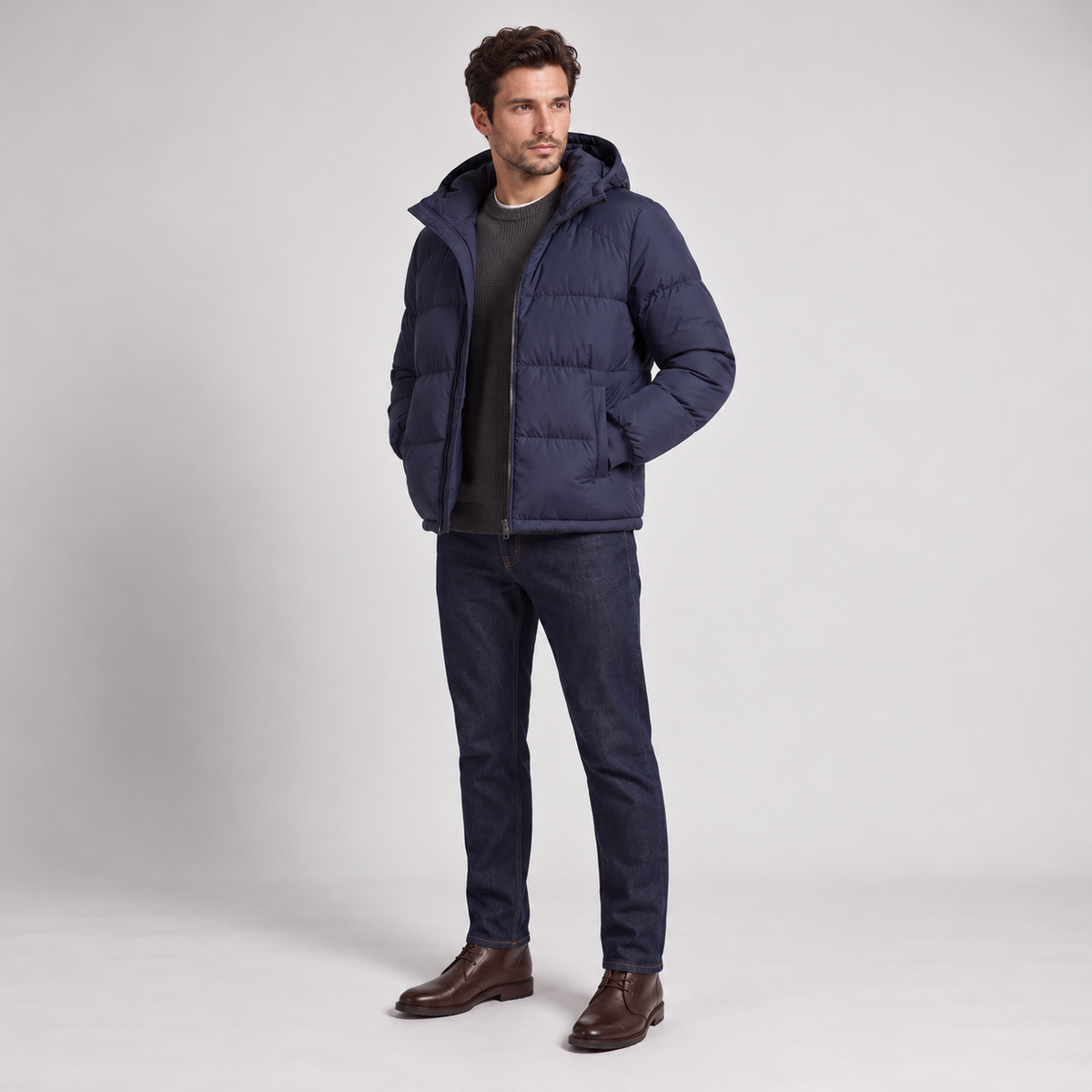 Chaqueta Acolchada con Capucha para Hombre, Cierre de Cremallera