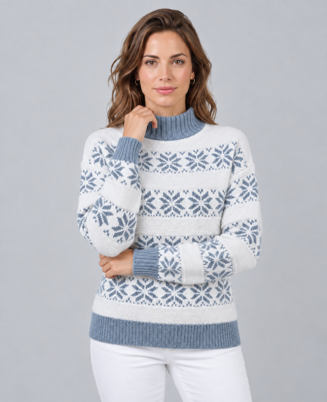 Jersey Fair Isle Mujer Cuello Alto Contraste Copos de Nieve
