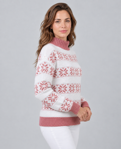 Jersey Fair Isle Mujer Cuello Alto Contraste Copos de Nieve