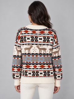 Jersey Navideño Mujer Cuello Alto Renos Terracota y Celeste