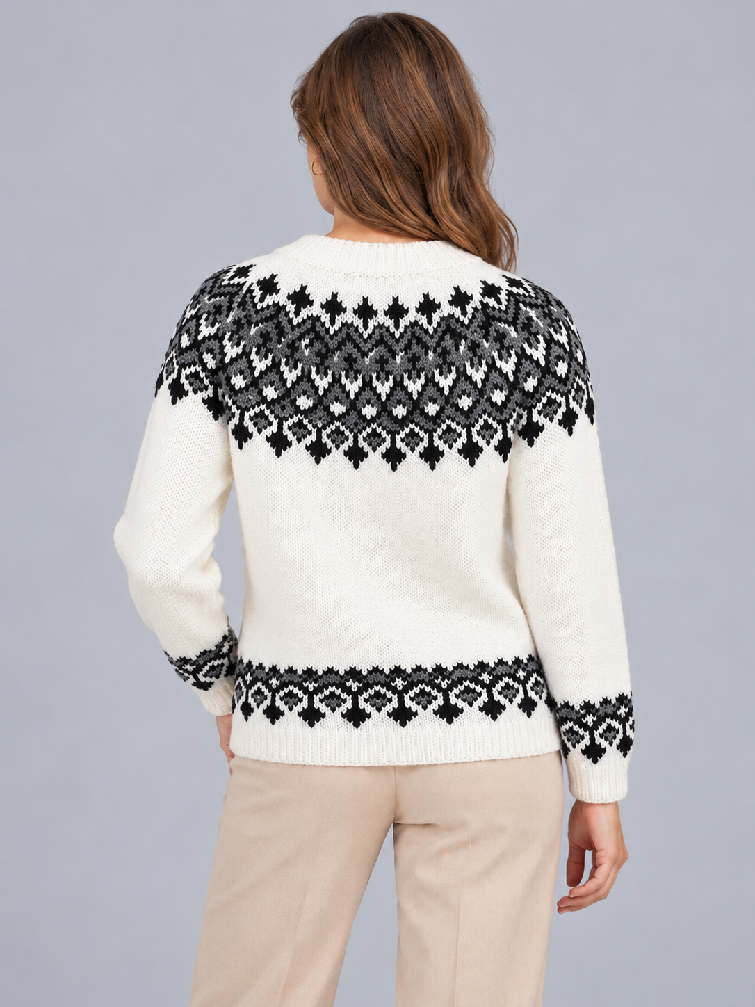Women's Geometric Fair Isle Crew Neck Sweater Ivory