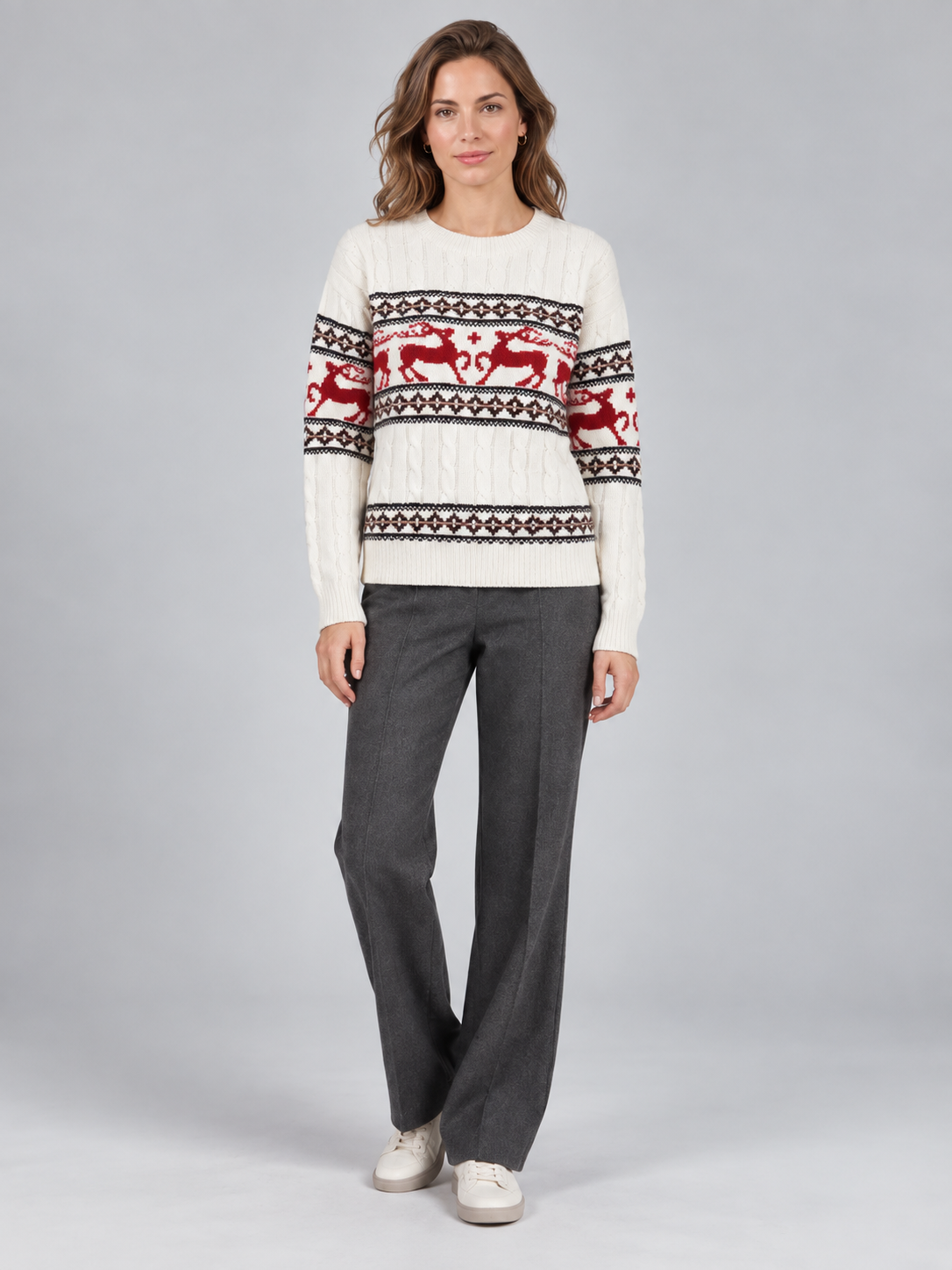 Women's Fair Isle Reindeer Aran Cable Knit Christmas Sweater