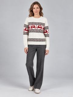 Women's Fair Isle Reindeer Aran Cable Knit Christmas Sweater