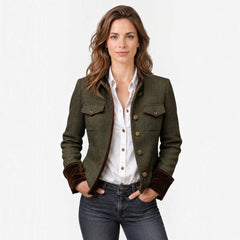 Chaqueta Acolchada Mujer Tweed Espiga con Botones Dorados