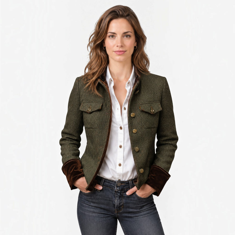 Chaqueta Acolchada Mujer Tweed Espiga con Botones Dorados