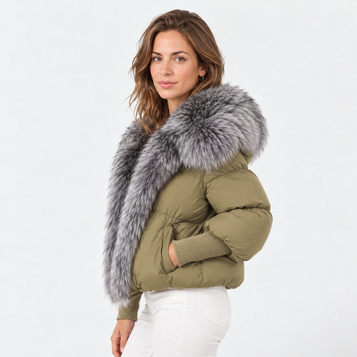 Chaqueta Acolchada Mujer con Cuello de Pelo Sintético