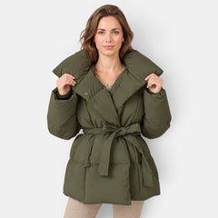 Women's Belted Puffer Coat - High Neck Quilted Jacket