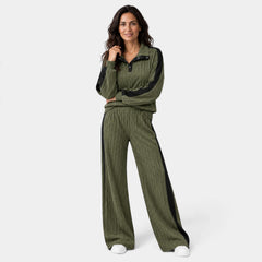 Conjunto de Punto a Rayas con Ribete Contraste para Mujer