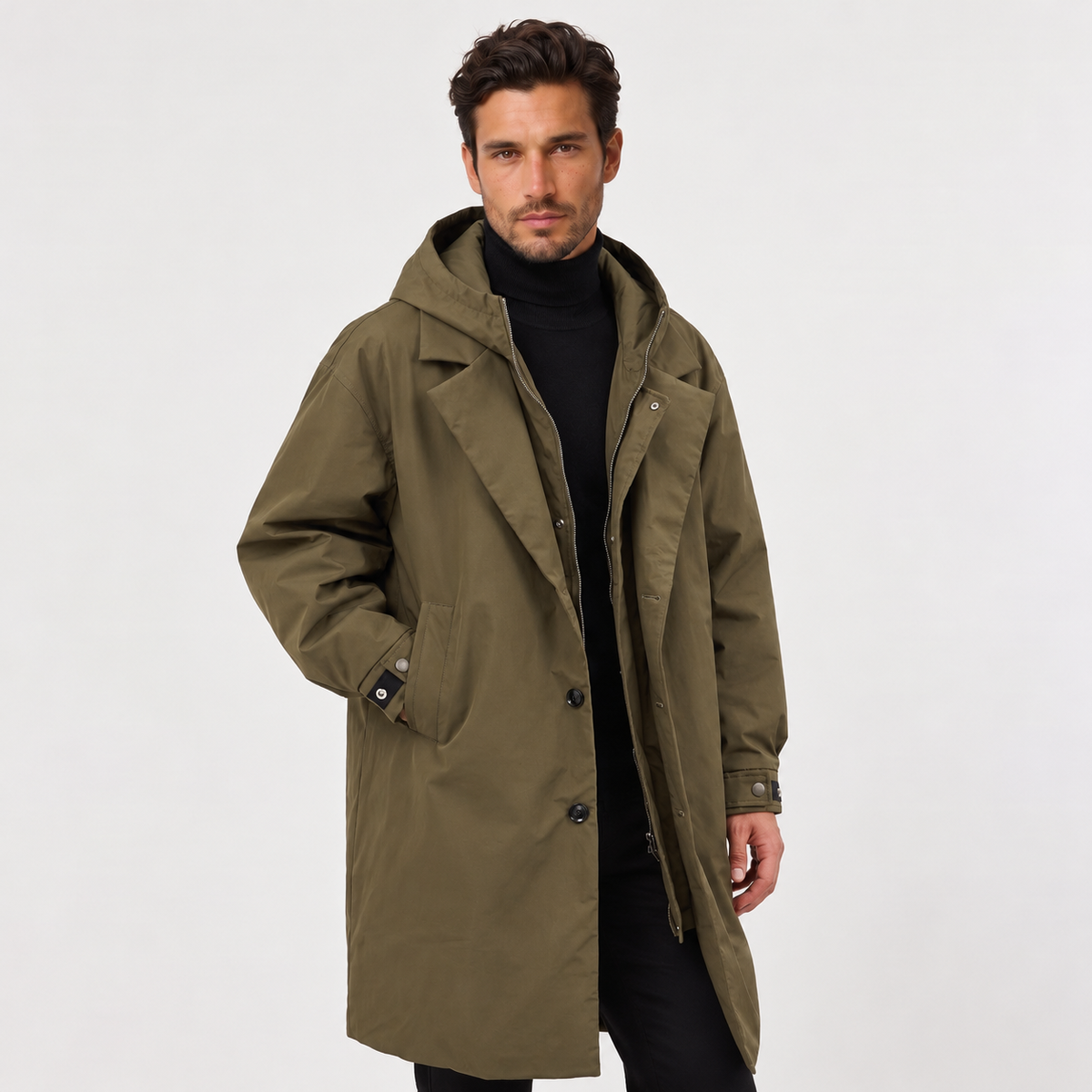 Men's Long Waterproof Hooded Parka - Full-Length Rain Coat