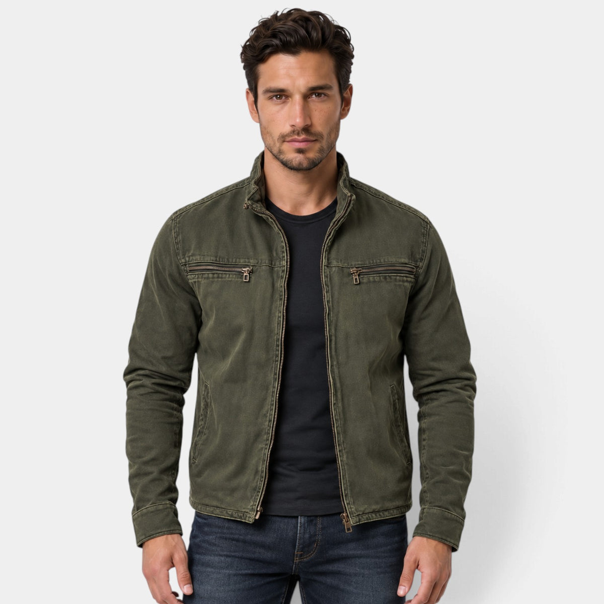 Chaqueta Verde Vintage para Hombre con Cuello Mao
