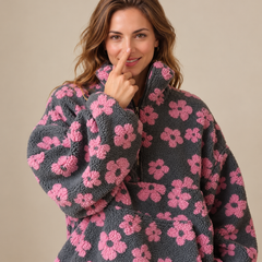 Women's Oversized Floral Print Sherpa Fleece Jacket - Zip-Up