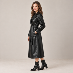 Women's Black Faux Leather Trench Coat - Belted, Long