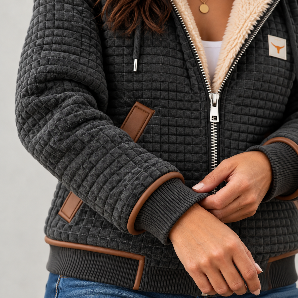 Women's Gray Hooded Puffer Jacket - Sherpa Lining
