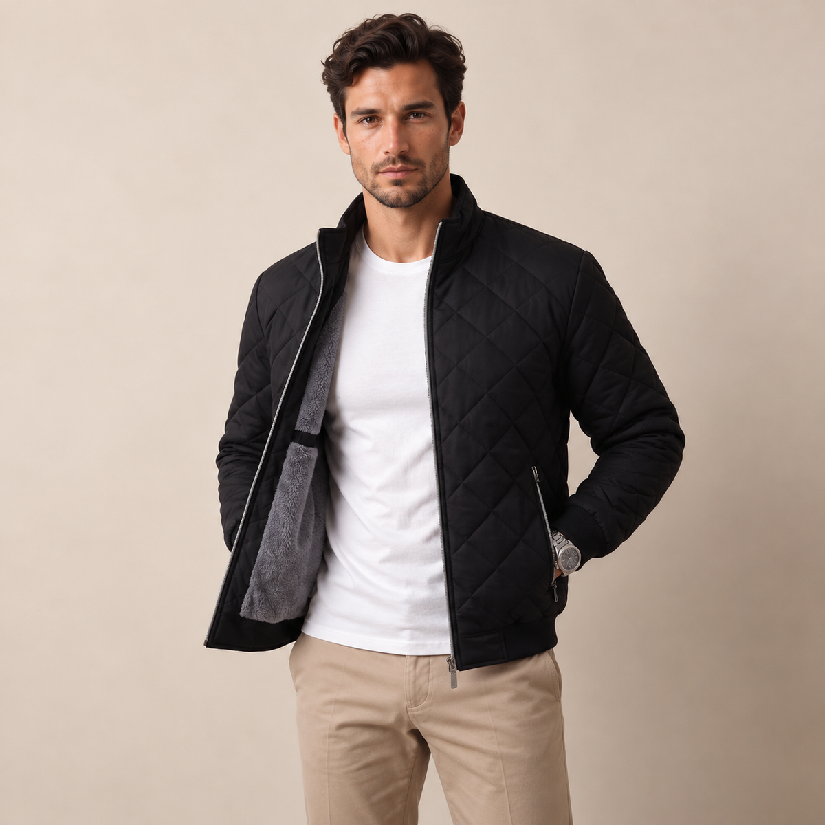 Men's Black Quilted Bomber Jacket - Padded Zip-Up
