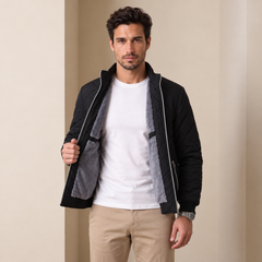 Men's Black Quilted Bomber Jacket - Padded Zip-Up