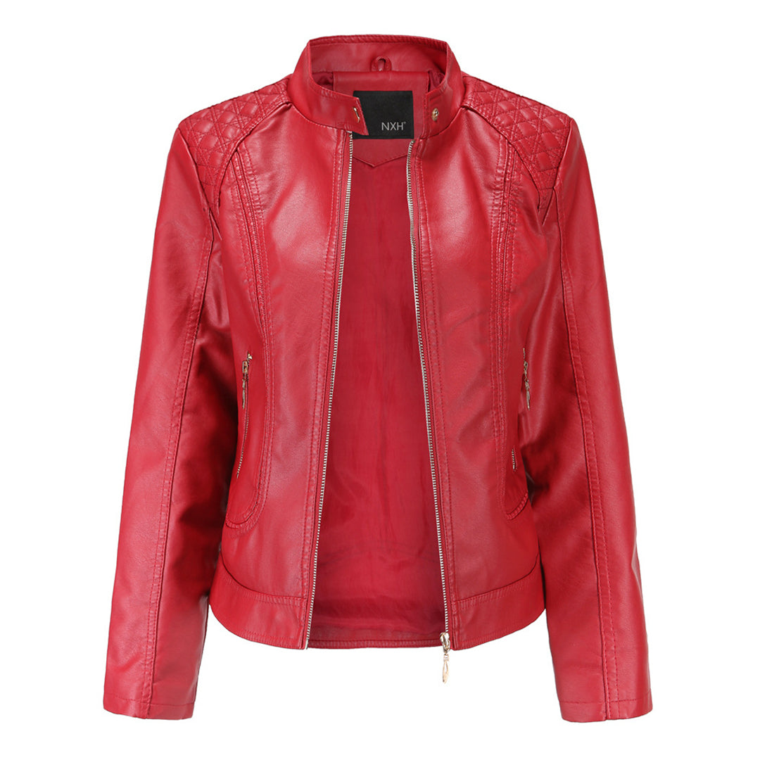 Chaqueta Biker Mujer Cropped en Polipiel con Cuello Alto