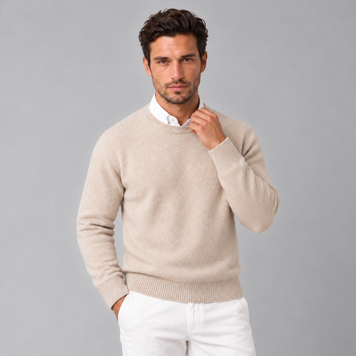 Men's Cashmere Crew Neck Sweater - Regular Fit, Ribbed Trim