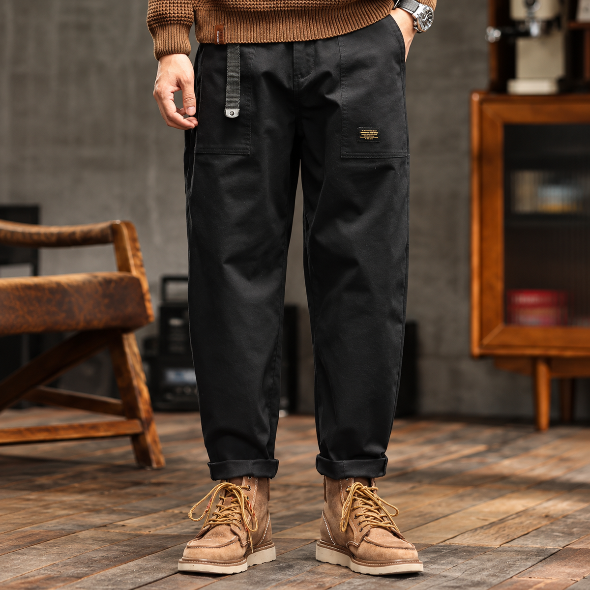 Men's Cargo Pants with Patch Pockets - Belt Detail