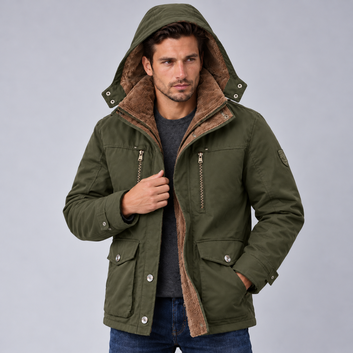 Chaqueta Hombre Impermeable con Capucha y Forro Polar