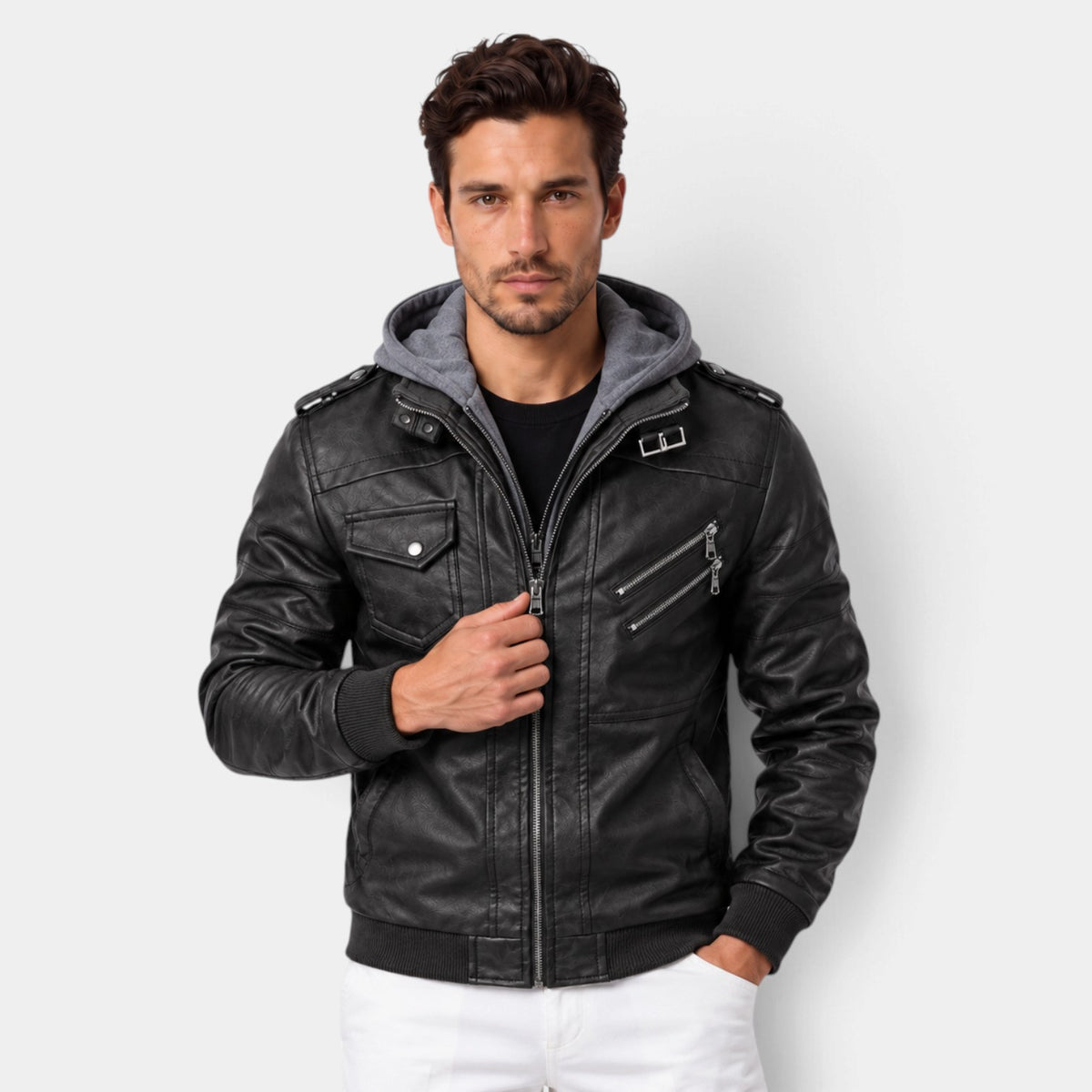 Men's warm hooded leather jacket