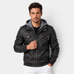Men's warm hooded leather jacket