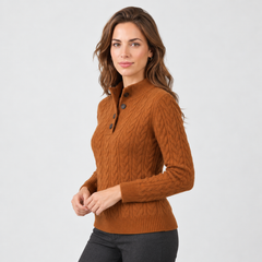 Women's Cable Knit Sweater - Button Neck Pullover