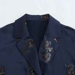 Women's Navy Blue Sequin Blazer and Pants Suit Set