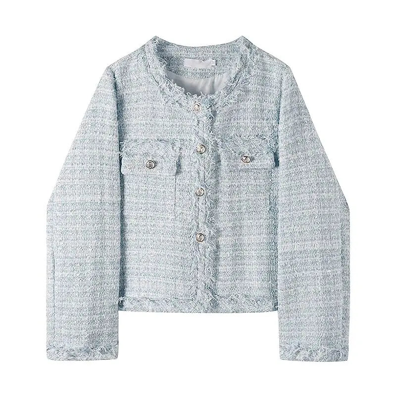 Chaqueta de Tweed Corta Mujer con Flecos y Botones Dorados