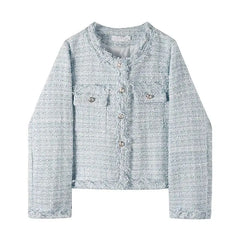 Chaqueta de Tweed Corta Mujer con Flecos y Botones Dorados