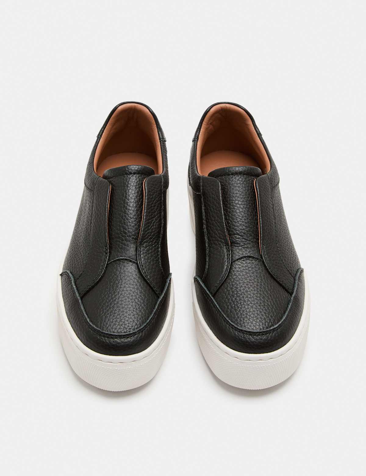 Women's Black Leather Platform Sneakers - Slip-On, No Laces