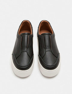 Women's Black Leather Platform Sneakers - Slip-On, No Laces