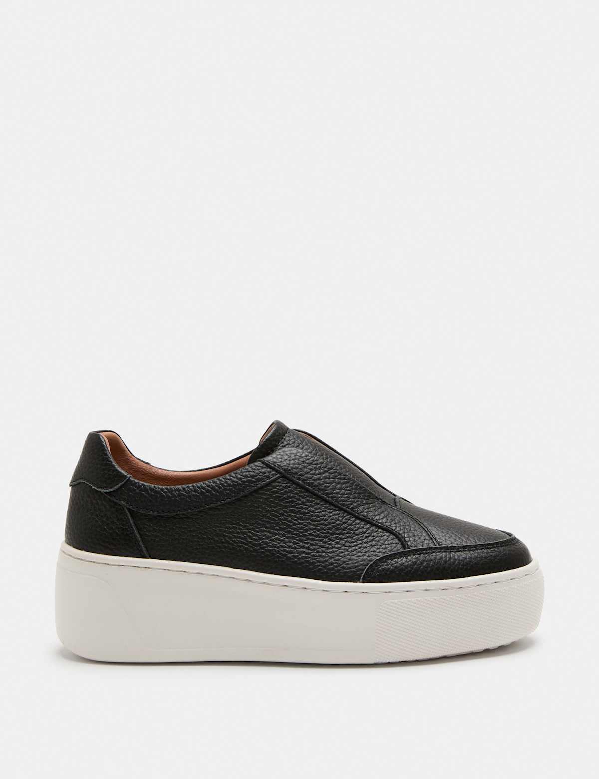 Women's Black Leather Platform Sneakers - Slip-On, No Laces