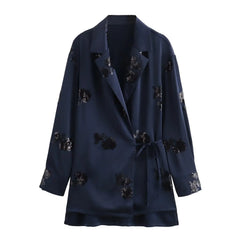 Women's Navy Blue Sequin Blazer and Pants Suit Set