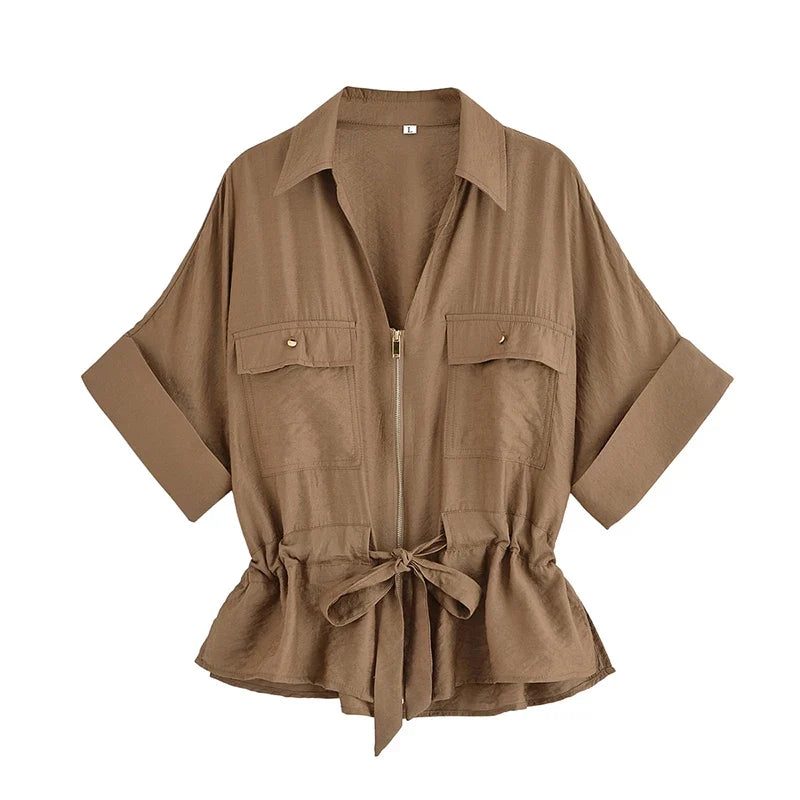 Conjunto Camisa y Pantalón Satinado Mujer de Cintura Alta
