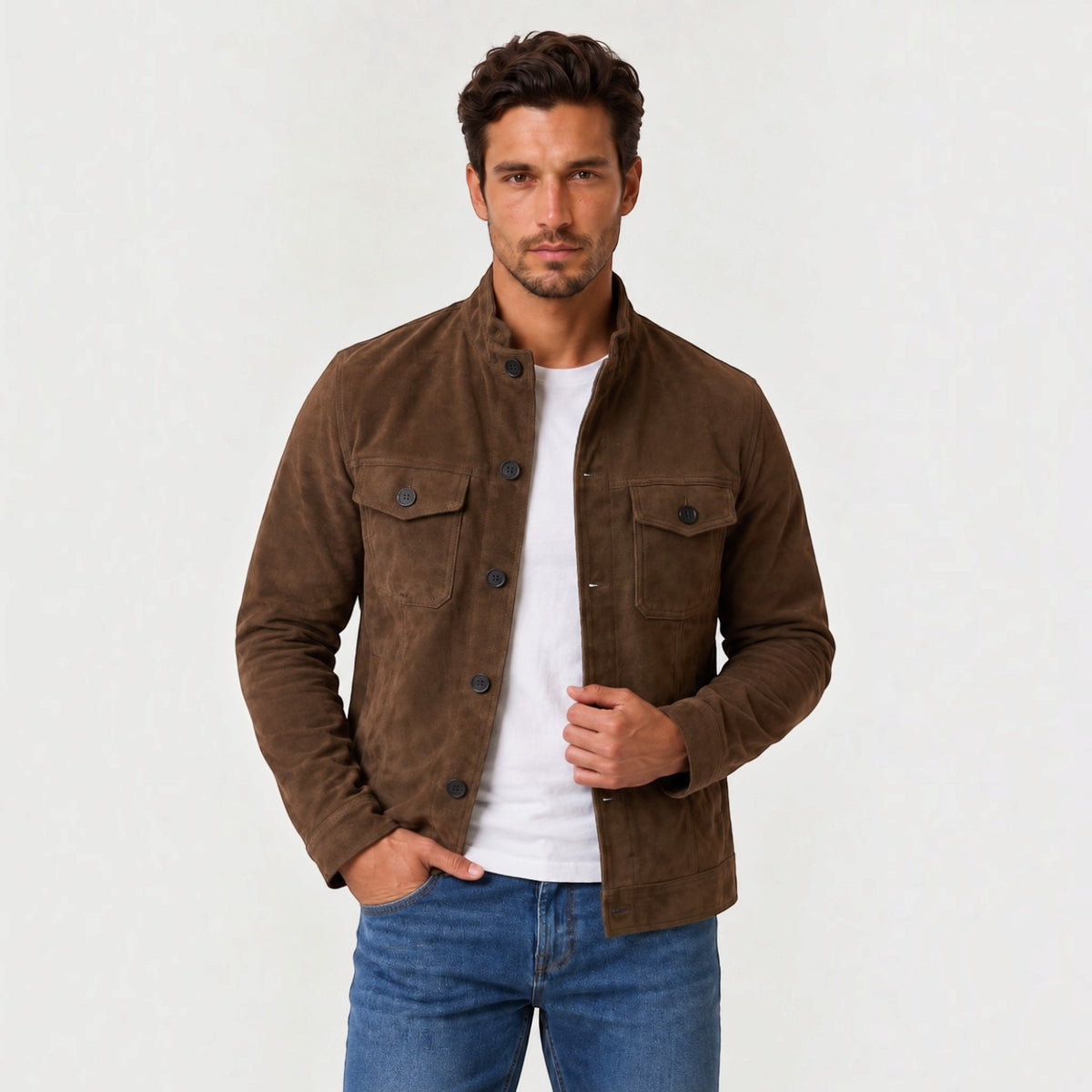Men's Faux Suede Button-Up Trucker Jacket