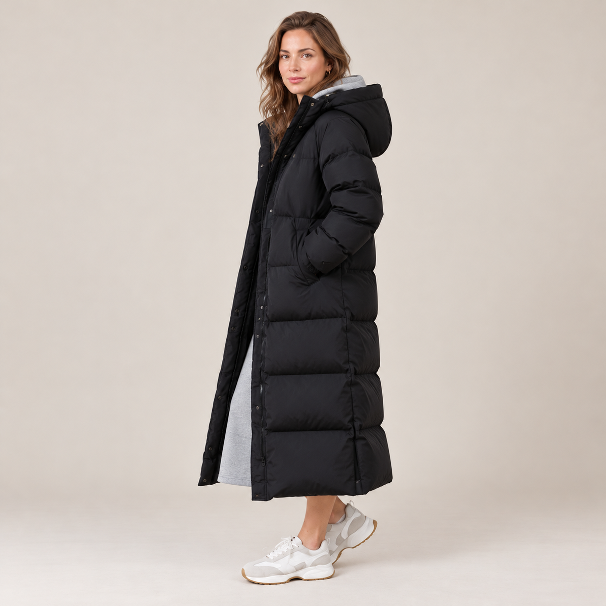 Abrigo Largo Acolchado de Plumón para Mujer con Capucha, Impermeable